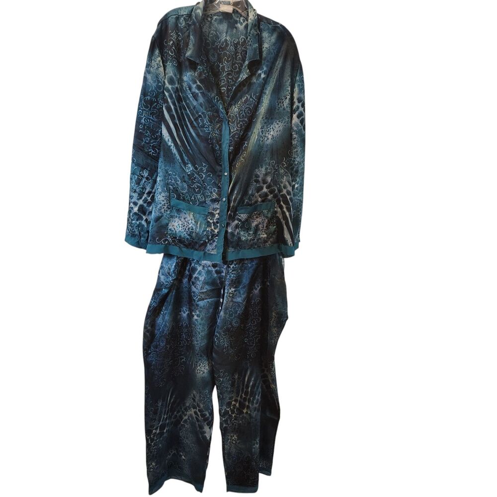 Vintage Secret Treasures Satin Teal Blue Animal Damask Pajama Set Pants Top 3X